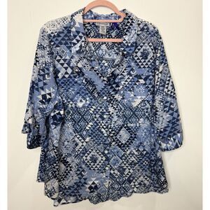 Catherines Button Up‎ Top Southwestern Petite 1X Plus Aztec Geometric Lace Light